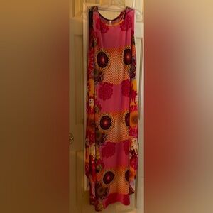 Funky Women’s Size 1X Hot Pink Maxi Tank Dress Tropical Floral Bird Pattern